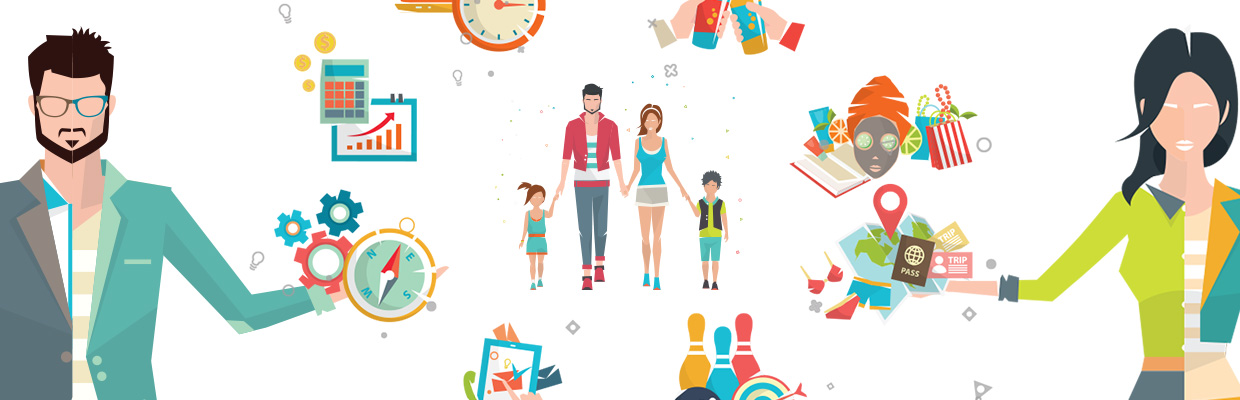 An illustration of a family, a man and a woman; image used for HSBC Malaysia Liquid Creating Work Life Balance in Business article