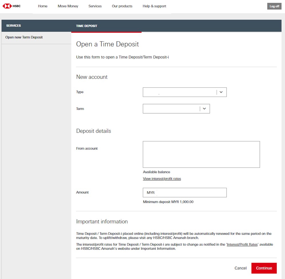 Time Deposit application page; image used for HSBC Malaysia HSBC time deposit account page.