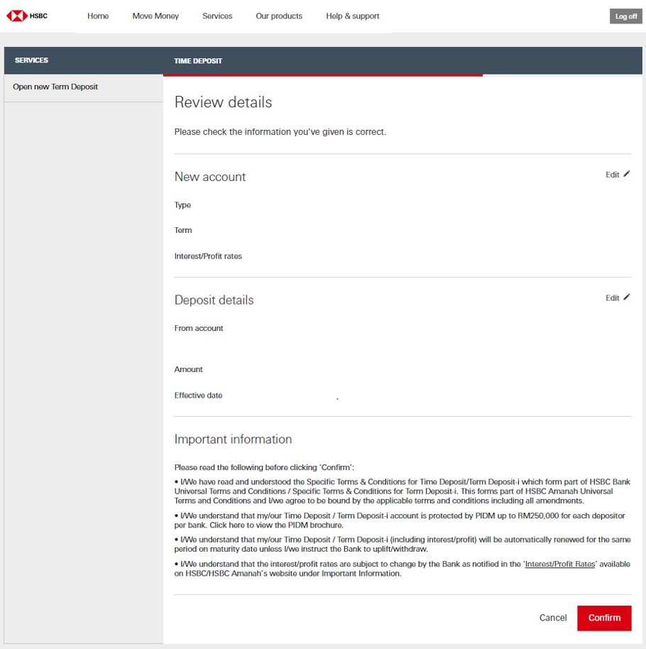 Details review and confirmation page; image used for HSBC Malaysia HSBC time deposit account page.