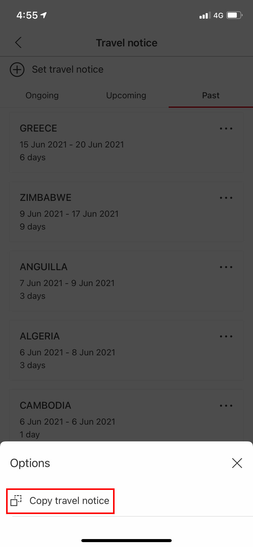 copy feature travel notices pop-up screen