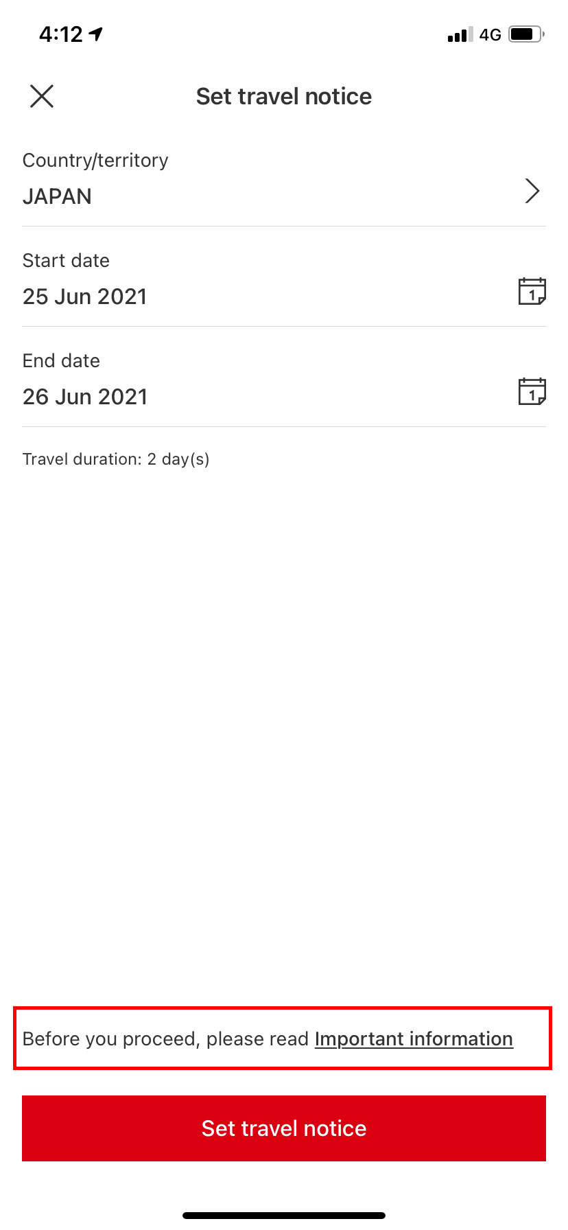 set mobile feature travel notice interface