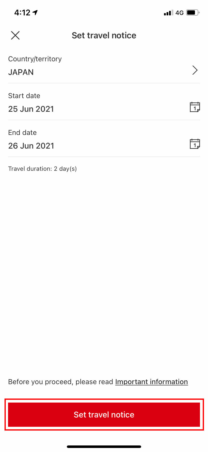 set mobile feature travel notice interface