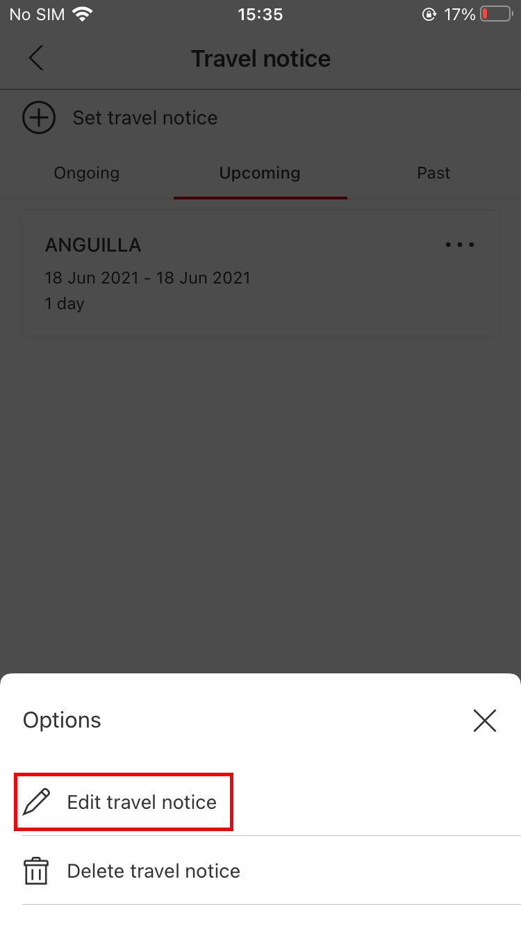 edit or delete feature travel notices pop-up screen
