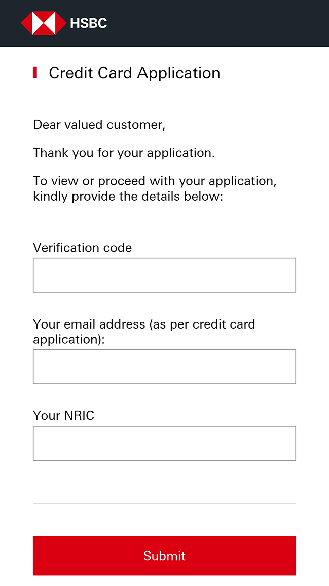 online credit card application step for email address and verification code