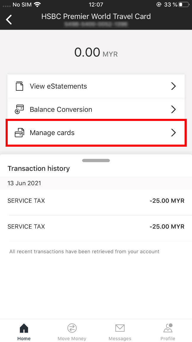 Select option to manage card interface
