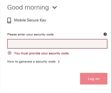 enter mobile secure key interface