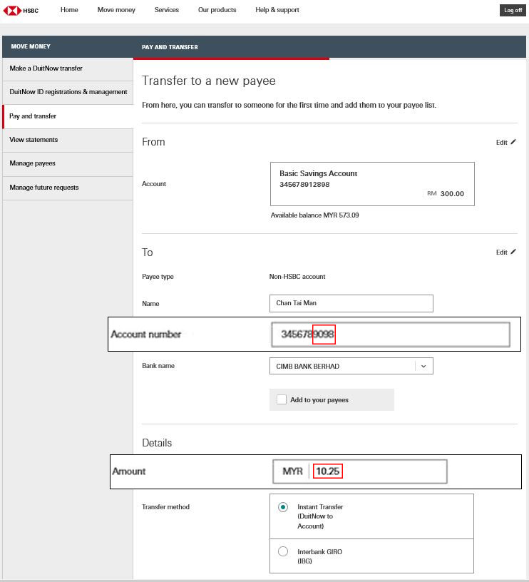 fill payees and fund transfer amount interface