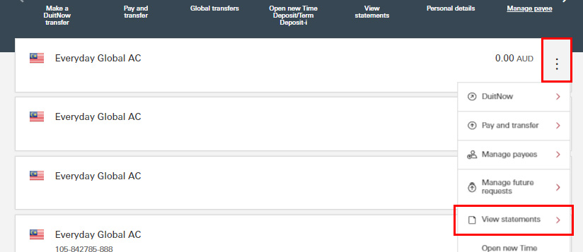 Select the view statement button under the drop-down in account balance page.