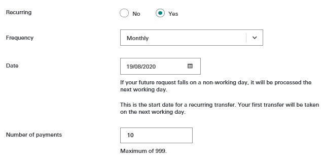 Interface of bill payment future dated transaction or transfer later; imaged used for HSBC Malaysia Interbank-qiro FAQ page.