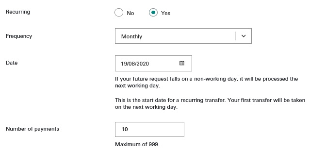 Interface of bill payment future dated transaction or transfer later; imaged used for HSBC Malaysia Interbank-qiro FAQ page. 