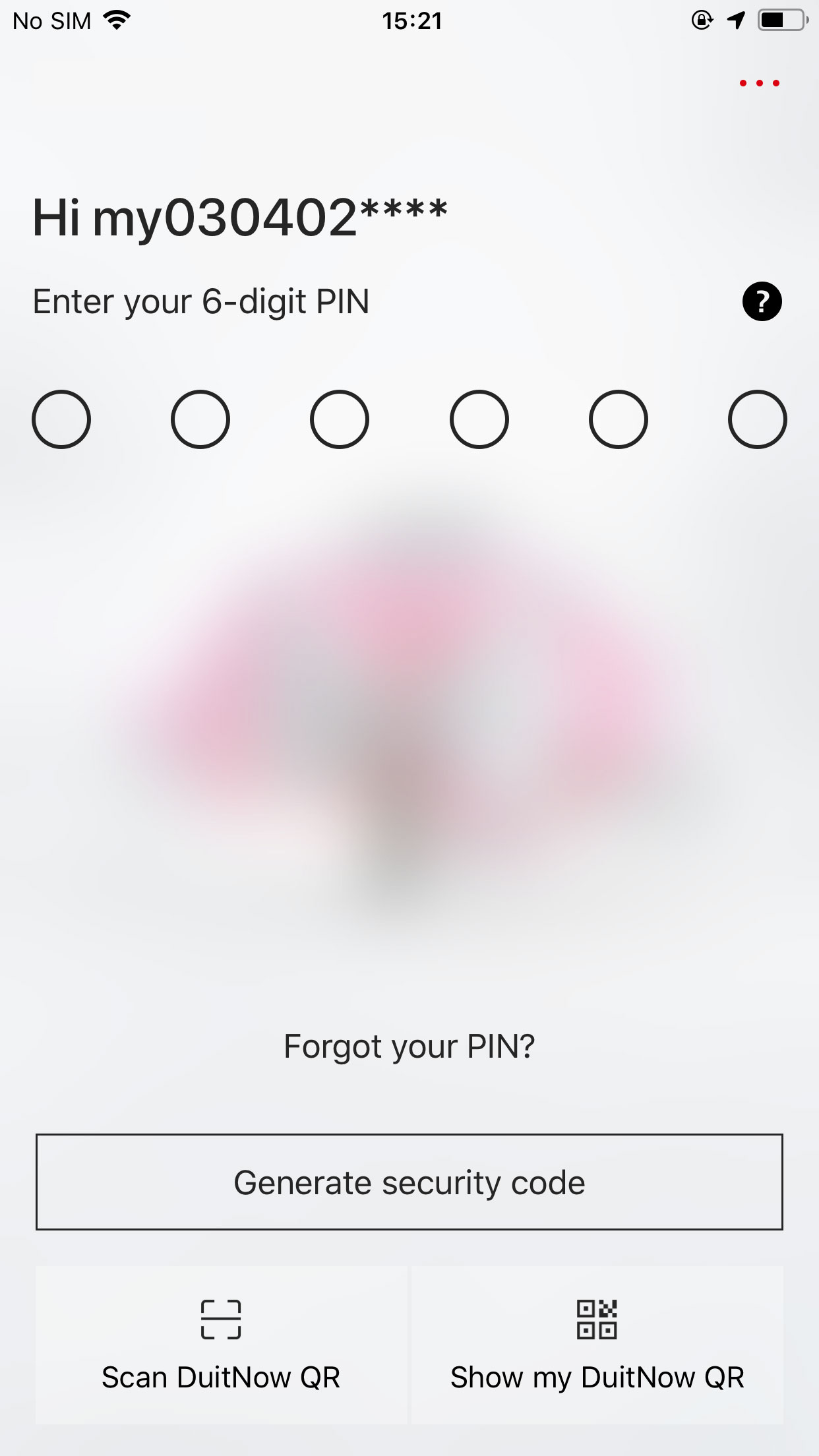 mobile banking app interface for selecting "genearte security code" option