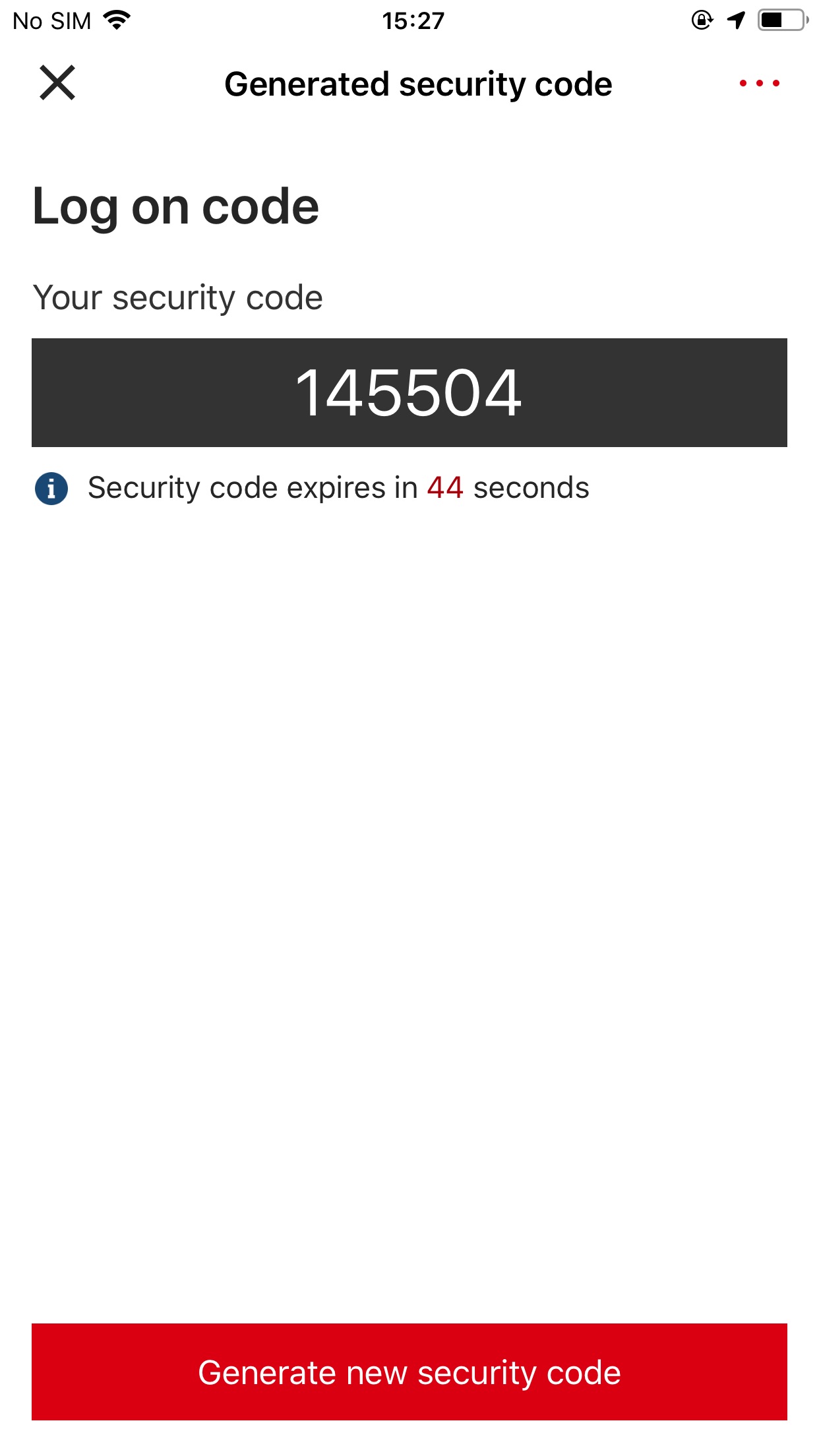 mobile banking app interface showing the gerneated security code