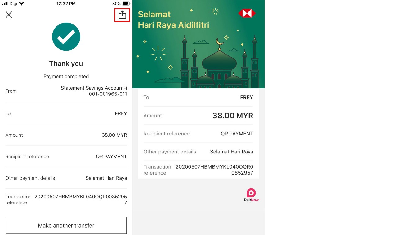 DuitNow payment completed and green packet page; image used for HSBC Malaysia smart tips for Ramadan spending article page.