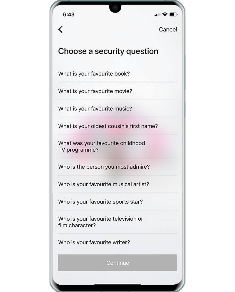 The page for choosing a security question