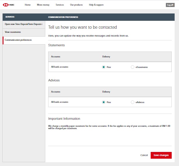 Select the delivery method of statements in the communication preference page.