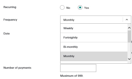 Interface of bill payment recurring transfers; imaged used for HSBC Malaysia Interbank-qiro FAQ page. 