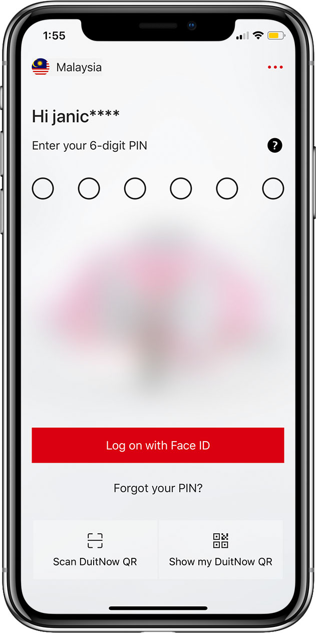 DuitNow Log on page with Show my DuitNow QR button.